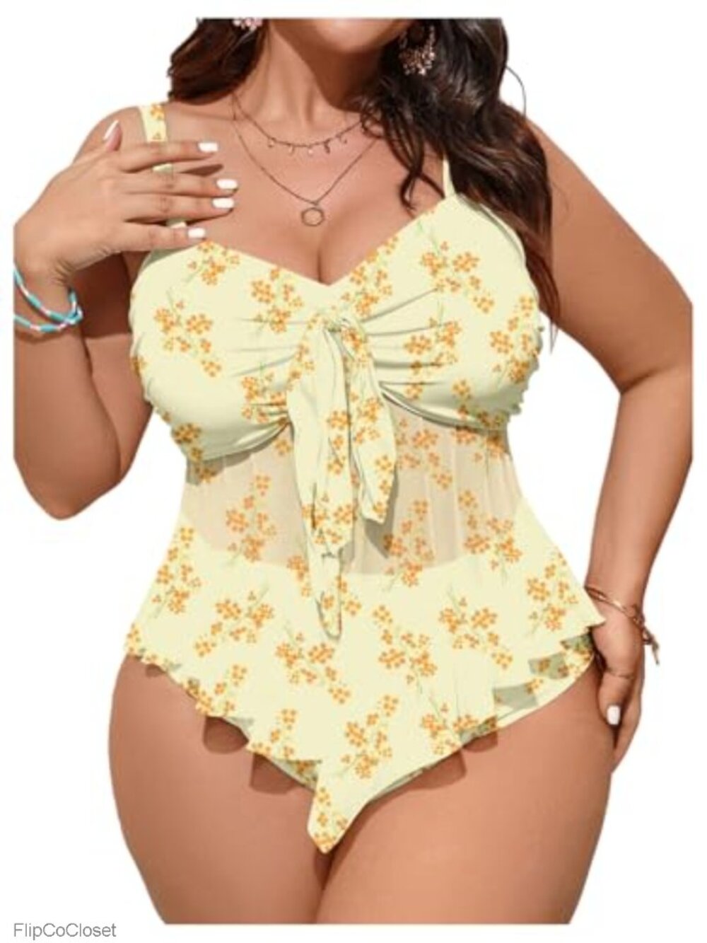 Plus Size Tankini Set Floral Ruffle Hem Knot Front High Rise 2 Piece